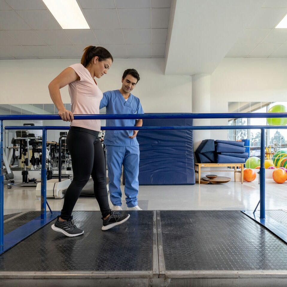 Physiotherapist supervising an athlete walking in an anti-gravity treadmill to rebuild running mechanics.