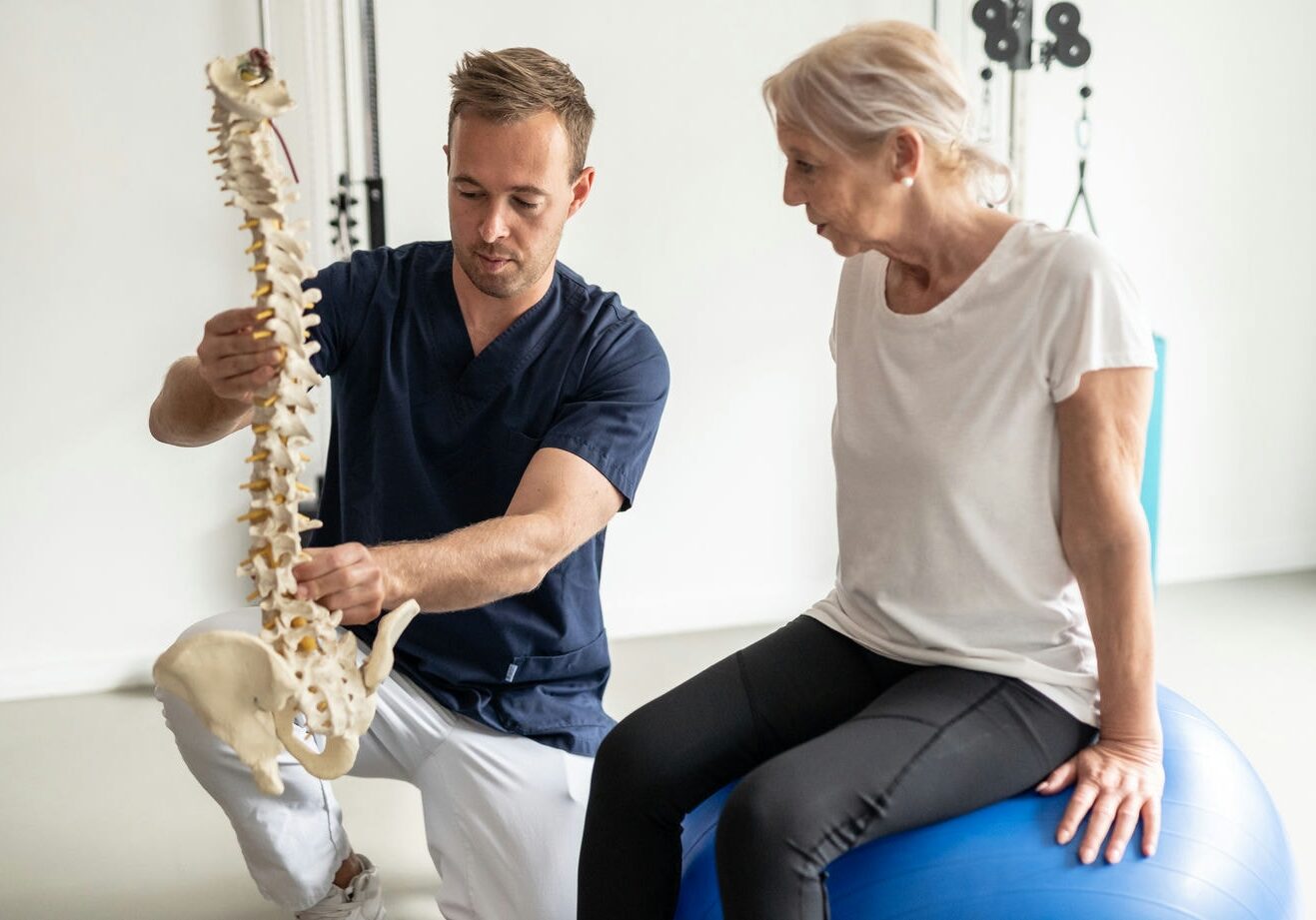 Chiropractor explaining spinal structure to patient using anatomical spine model.